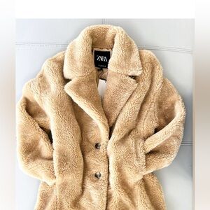 Zara 3/4 Length, Button-Up, Wide-Lapel Teddy Jacket | Coat in TAN Size S